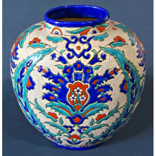 1062 - An Art Deco Vase by Laroche Belge, decorated in relief with green, blue, orange and turquoise scroll... 