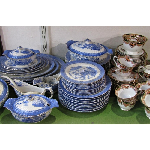 1091 - A collection blue and white Alcock's Semi-China 'willow' type pattern dinner wares comprising a grad... 