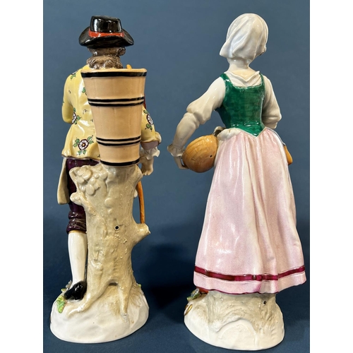 1081 - Two German Sitzendorf porcelain figurines, one a lady fish seller, the other a man carrying basket