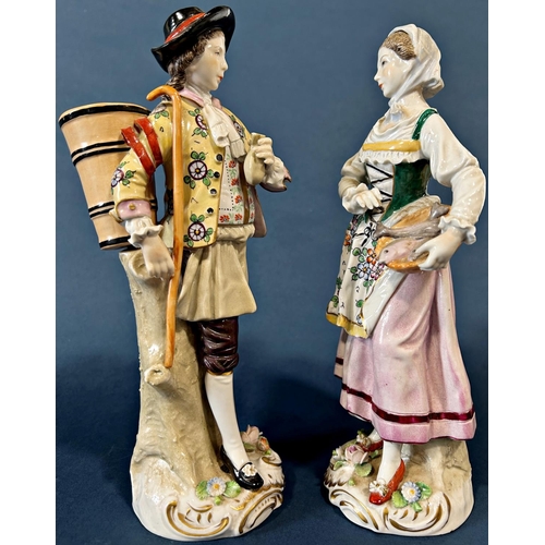 1081 - Two German Sitzendorf porcelain figurines, one a lady fish seller, the other a man carrying basket