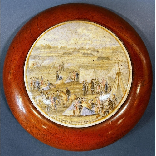 1082 - A collection of ceramic pot lids presented as wall plaques with wooden surrounds depicting various s... 