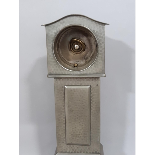 1375 - A miniature pewter longcase clock, 33cm tall with eight day time piece, running, together with a mar... 