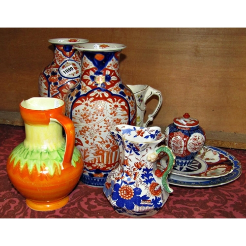 1099 - A pair of Imari baluster shaped vases, further Masons Ironstone jug with serpent handle, a Myott war... 