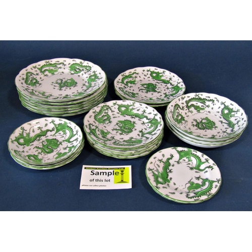 1100 - A Tuscan china green dragon collection of tea ware comprising graduated cups and saucers, two gradua... 