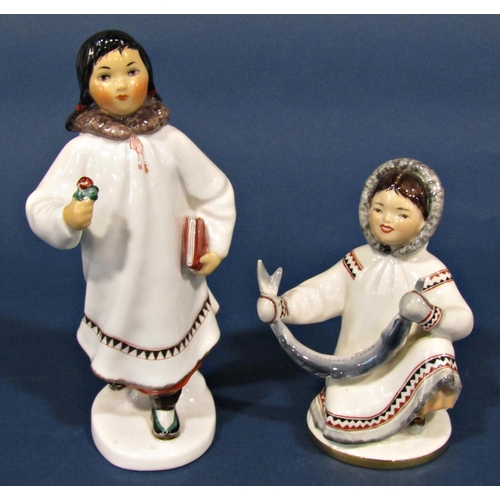 1108 - Five Russian porcelain figures to include two Inuit characters, polar bear, seal and mousse