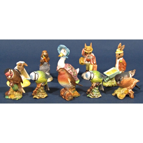 1110 - A collection of four Royal Doulton Bunnykins figures, five Beswick British birds, Beatrix Potter Jem... 