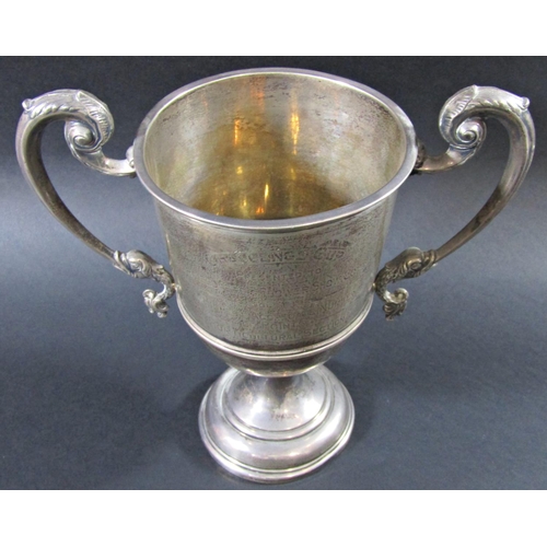 1234 - A silver double handled trophy, Charfield Flower Show 1929 Challenge Cup, 20.5cm tall, 9.9oz approx