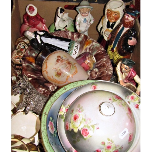 1135 - Four boxes of miscellaneous china to include Devon ware vase, figures, Imari vase, decorative plates... 