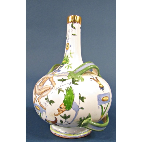 1026 - A continental four handled earthenware pilgrim type bottle vase with  hand painted blue and green sc... 