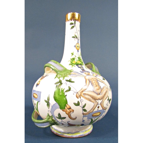 1026 - A continental four handled earthenware pilgrim type bottle vase with  hand painted blue and green sc... 