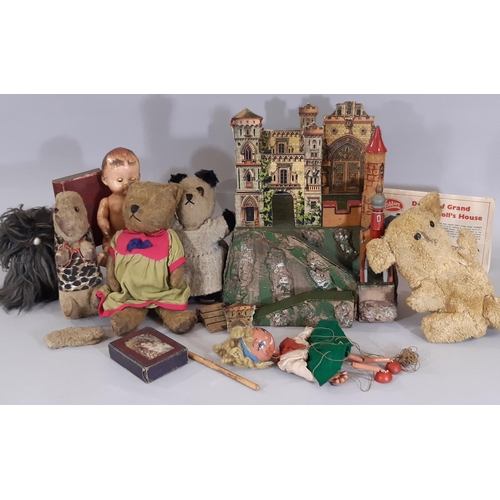 339 - Mixed lot of vintage toys including a firmly stuffed teddy bear with jointed body, stitched nose and... 