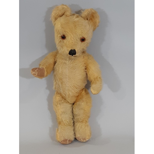 347 - Vintage teddy bear, mid 20th century, with long golden plush, large ears, pronounced muzzle, glass e... 