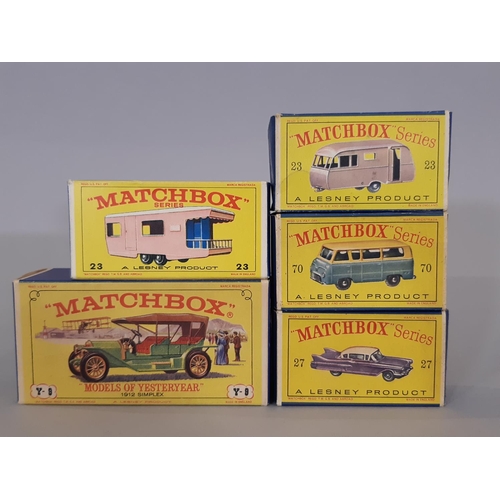 365 - Five vintage boxed model vehicles including from Lesney Matchbox Series: no 27 Cadillac Sedan, no 70... 