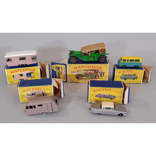 365 - Five vintage boxed model vehicles including from Lesney Matchbox Series: no 27 Cadillac Sedan, no 70... 