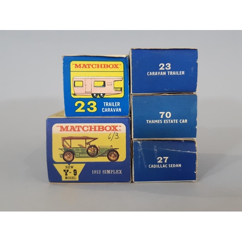 365 - Five vintage boxed model vehicles including from Lesney Matchbox Series: no 27 Cadillac Sedan, no 70... 