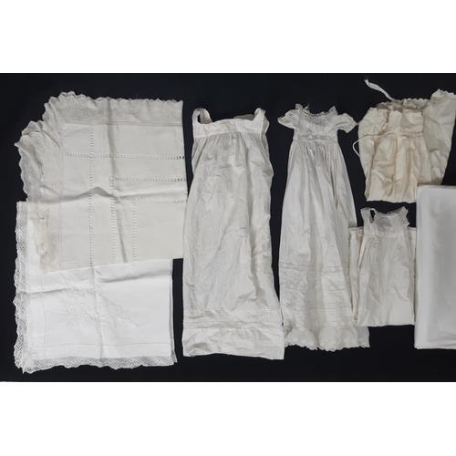 1593 - Small collection of late 19th/ early 20th century  textiles including 3 white cotton baby gowns, one... 