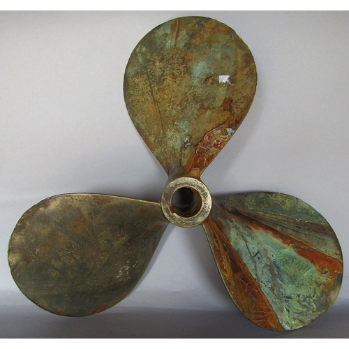 1426 - A boat’s brass propeller 39cm diam approx, a small brass plaque “Dodington Steam & Vintage Fair” and... 