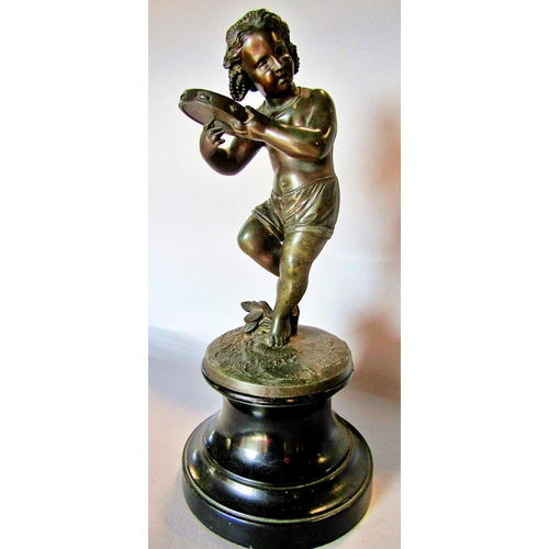 1436 - A spelter statue of a young girl doing a jig and playing a tambourine, raised on a socle base, 32cm ... 