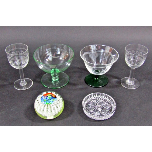 1166 - A mixed selection of glassware, including five green hock glasses, a Baccarat style paperweight an a... 