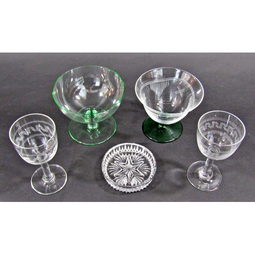 1166 - A mixed selection of glassware, including five green hock glasses, a Baccarat style paperweight an a... 