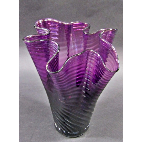 1167 - A late 20th century purple glass handkerchief vase 25cm tall, a blue and white hand blown slender ne... 