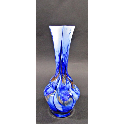 1167 - A late 20th century purple glass handkerchief vase 25cm tall, a blue and white hand blown slender ne... 