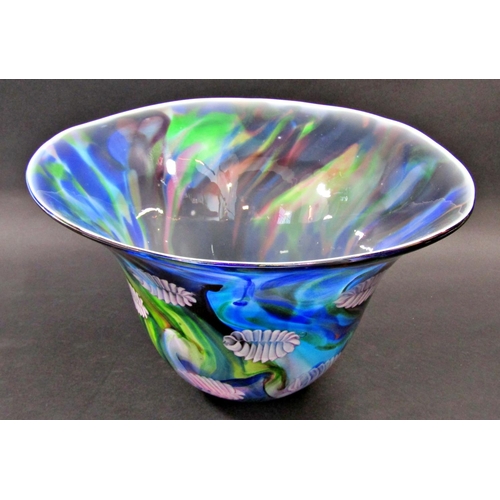 1168 - A large decorative 20th century hand blown glass bowl with a swirly green blue design, 39cm diam.