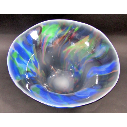 1168 - A large decorative 20th century hand blown glass bowl with a swirly green blue design, 39cm diam.