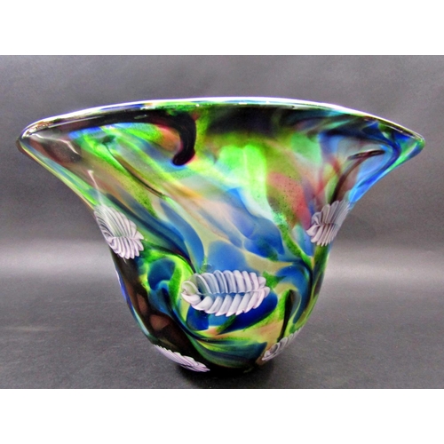 1168 - A large decorative 20th century hand blown glass bowl with a swirly green blue design, 39cm diam.