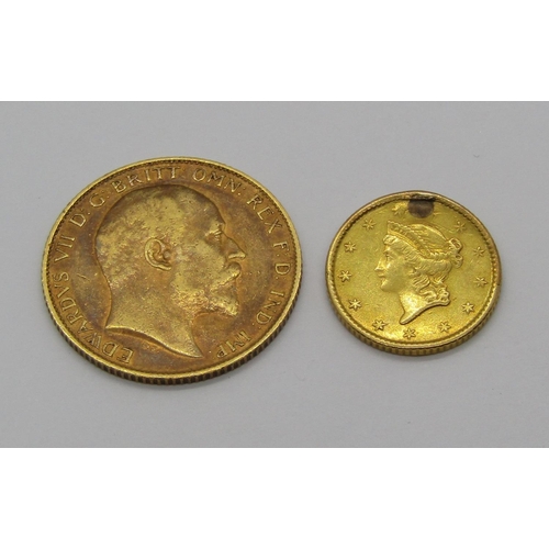 1263 - Half sovereign dated 1907 and a 1 Dollar gold coin dated 1853 (2)