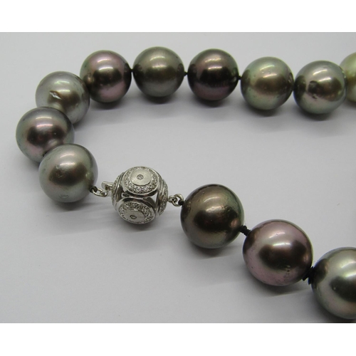 1275 - Tahitian pearl necklace with 18ct white gold openwork clasp set with diamonds, 157.8g