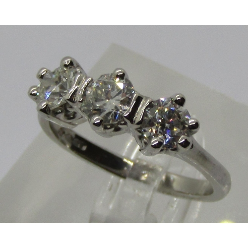 1280 - Good quality 950 platinum three stone diamond ring, stones 0.45ct each approx, maker 'OJ', size N, 6... 