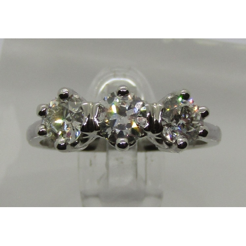 1280 - Good quality 950 platinum three stone diamond ring, stones 0.45ct each approx, maker 'OJ', size N, 6... 