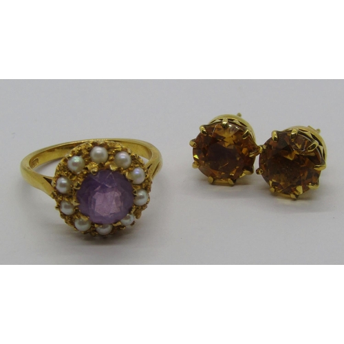 1290 - 9ct amethyst and seed pearl cluster ring, size N and a pair of 9ct citrine stud earrings, 6.8g total