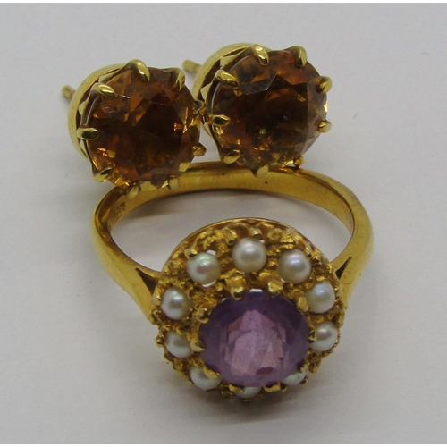 1290 - 9ct amethyst and seed pearl cluster ring, size N and a pair of 9ct citrine stud earrings, 6.8g total