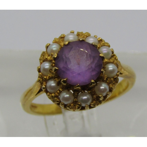 1290 - 9ct amethyst and seed pearl cluster ring, size N and a pair of 9ct citrine stud earrings, 6.8g total