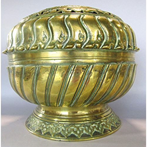 1435 - An Indian brass spherical incense burner with all over deep engraved decoration and piercings to the... 