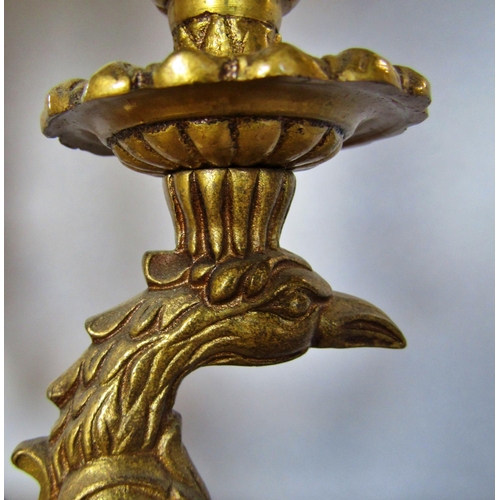 1445 - A gilt bouillotte lamp with three avian neck branches and a green tole ware shade, 56cm high approx.