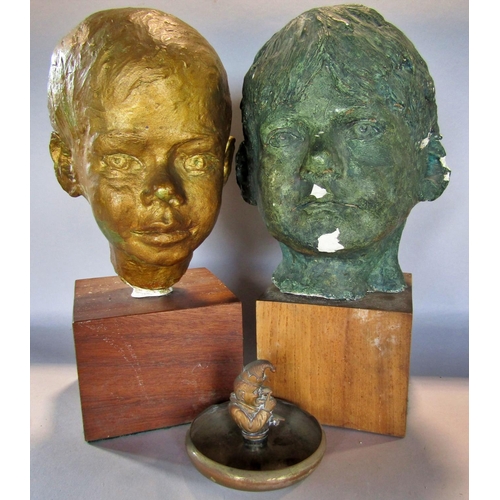 1449 - A brass ashtray Mr Punch, two life size plaster bust of two boys, set on wooden blocks, a mahogany w... 