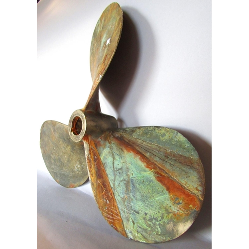 1426 - A boat’s brass propeller 39cm diam approx, a small brass plaque “Dodington Steam & Vintage Fair” and... 