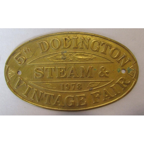 1426 - A boat’s brass propeller 39cm diam approx, a small brass plaque “Dodington Steam & Vintage Fair” and... 