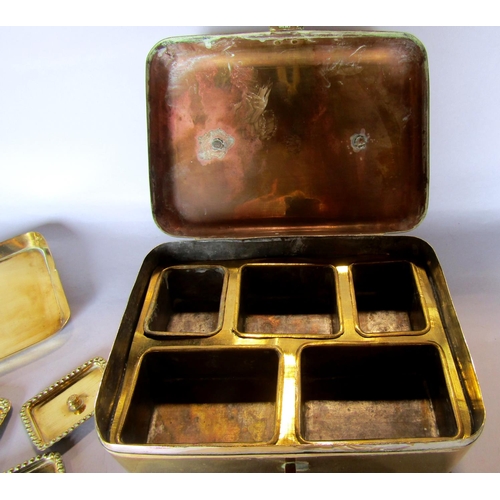 1427 - An early 19th century brass travelling spice box with mixing tray and lockable clasp, bearing a Trad... 