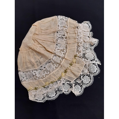 1590 - Collection of mixed textiles including ladies bonnet of lace and silk, ladies gloves, night dress, c... 