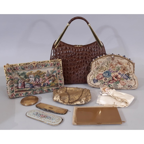 1597 - Ladies vintage accessories including a crocodile skin bag by Ackery (London), 2 petit point needlewo... 