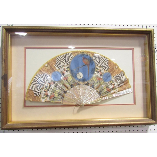 1411 - A Japanese painted silk fan with a central pheasant in moonlight, a Chinese filigree balsa fan, and ... 