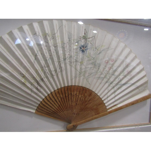 1411 - A Japanese painted silk fan with a central pheasant in moonlight, a Chinese filigree balsa fan, and ... 