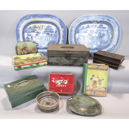 1414 - Two Willow patterned oval meat platters, a copper cistern float, a Mickey Mouse book, a money box an... 