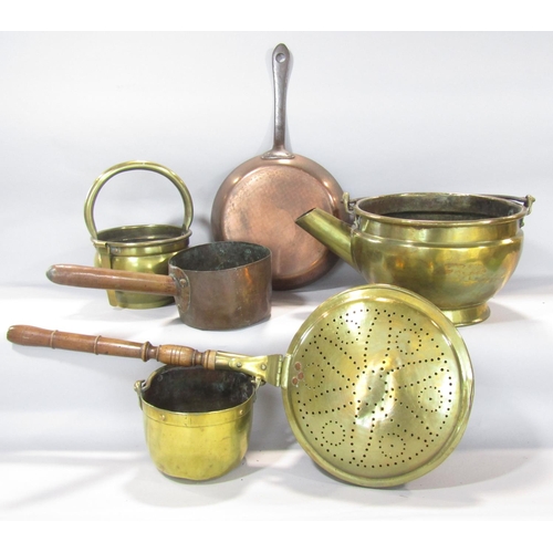 1416 - A collection of 19th century brass and copper pots and pans and a bed warmer.