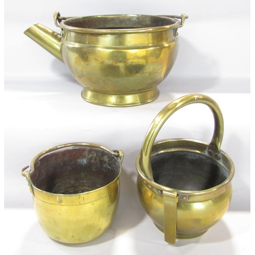 1416 - A collection of 19th century brass and copper pots and pans and a bed warmer.