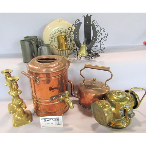 1417 - A mixed selection of 19th century brass, copper and pewter ware, including tankards , miner’s lamps,... 